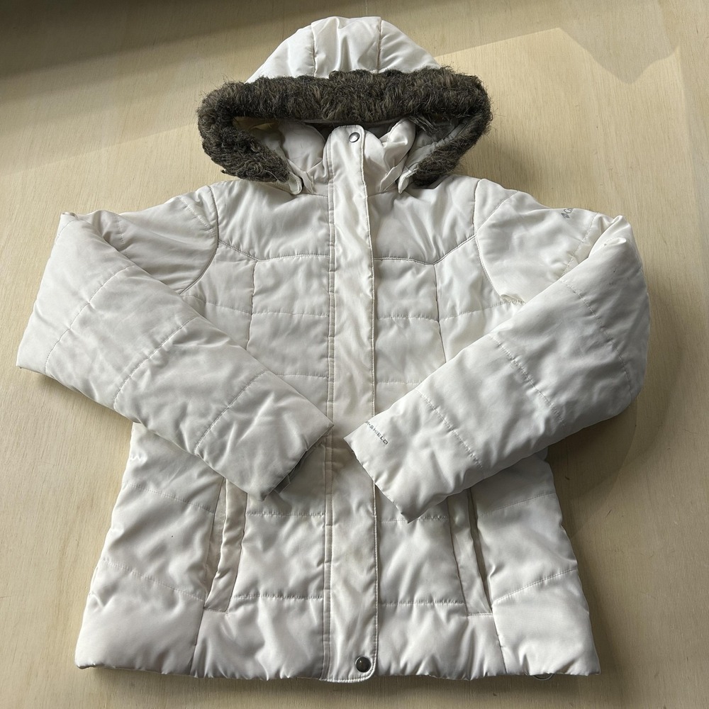 Columbia Jacket Womens M White Puffer Hooded Faux Fur Trim Lined Short Ski